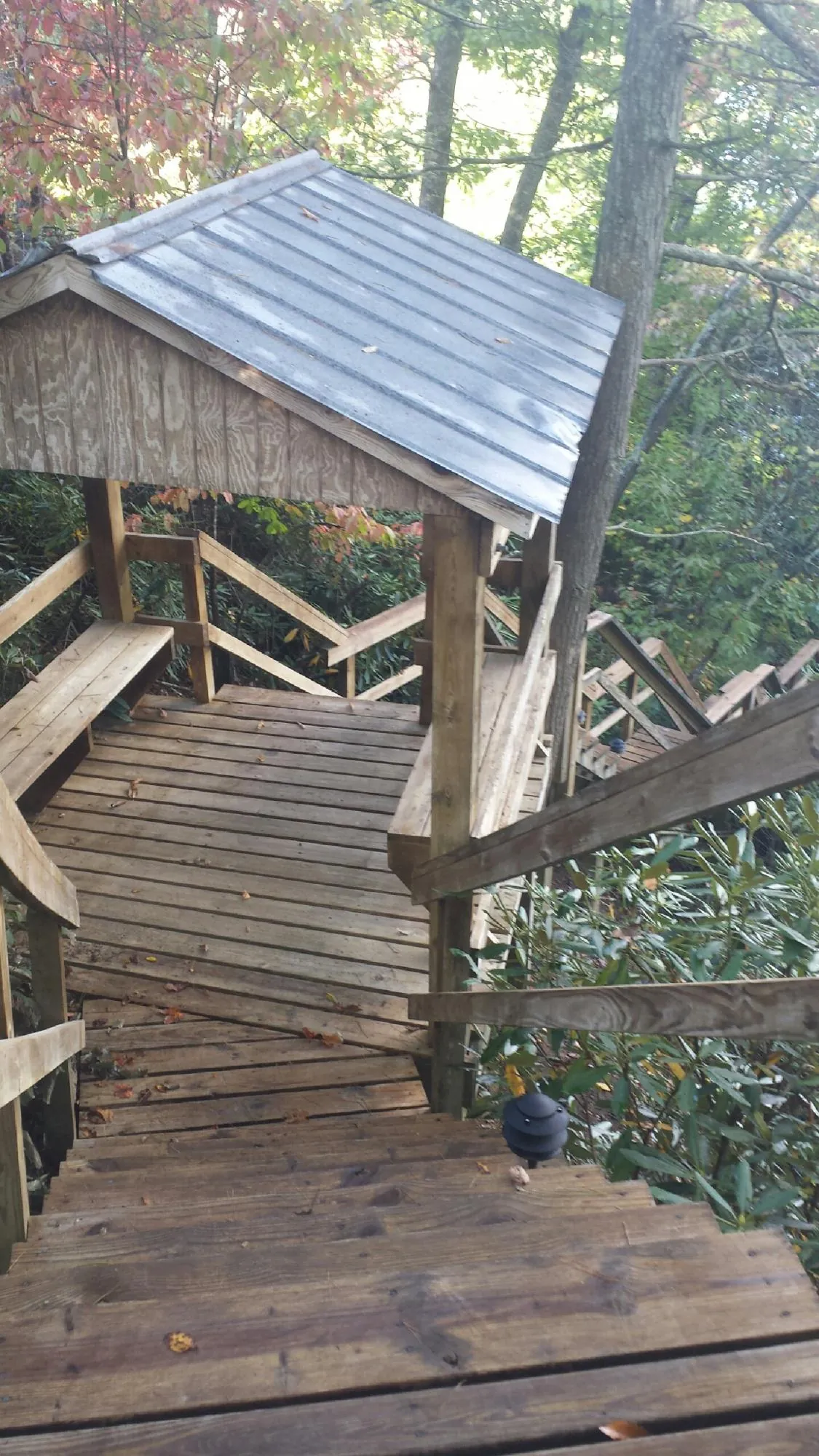 Metal roofed shelter over wooden steps on a wooded walkway — Skylight Repair & Installation work by our crew in North Grafton